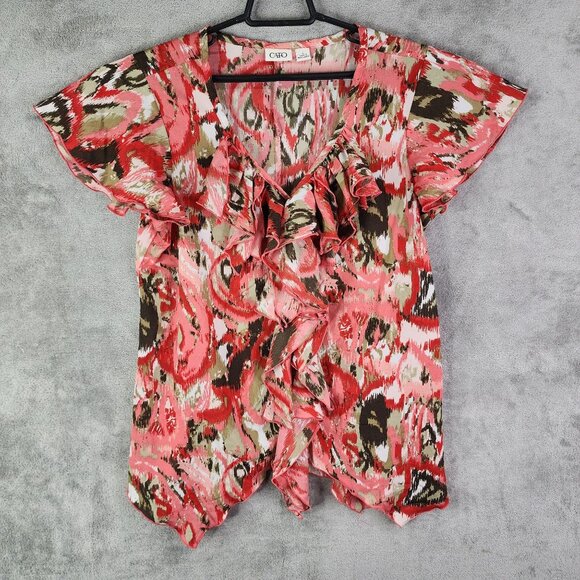 Women's Cato Ruffle Front Top Blouse Abstract Print V Neck Short Sleeve Size L - Picture 2 of 11